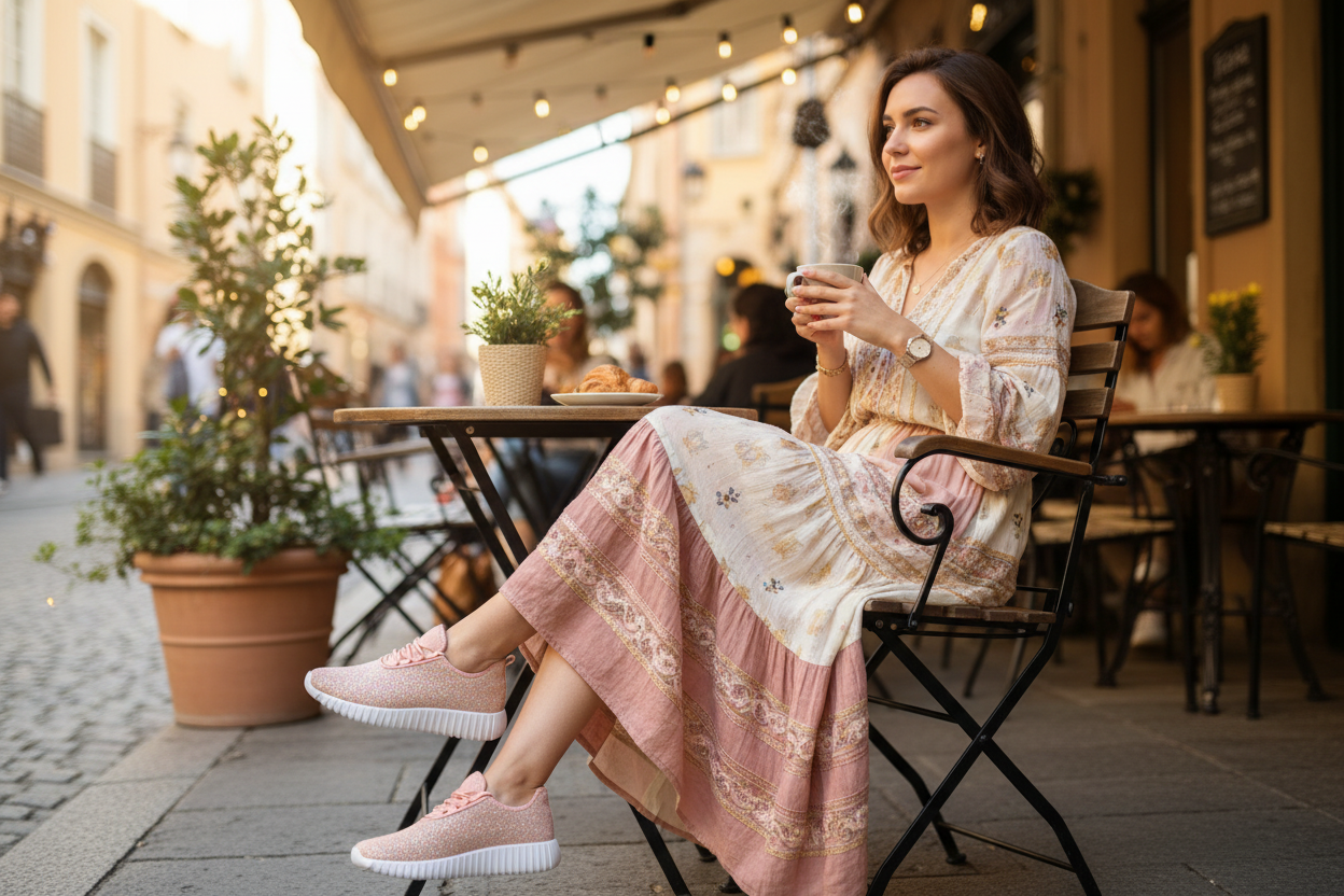 Rose gold glitter sneakers paired with boho dress at outdoor cafe, lifestyle photography
