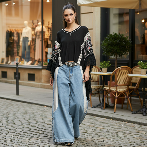 Black garment styled with model standing near boutique storefront - BellanBlue