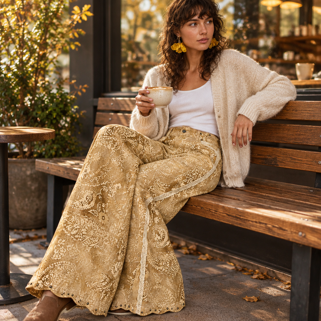 POL Clothing sand paisley wide-leg pants seated outside a coffee shop showing relaxed drape
