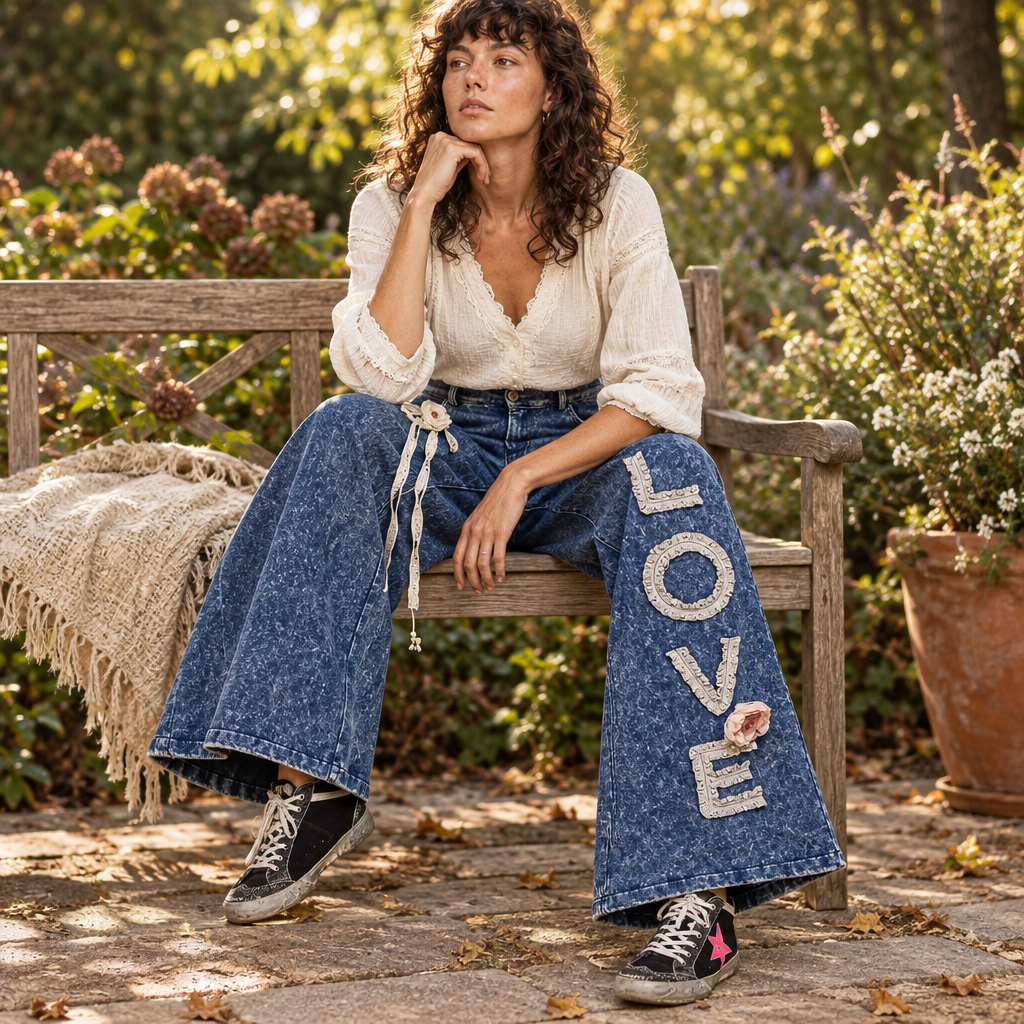 POL Clothing women's indigo wide-leg LOVE appliqué pants seated on a garden bench