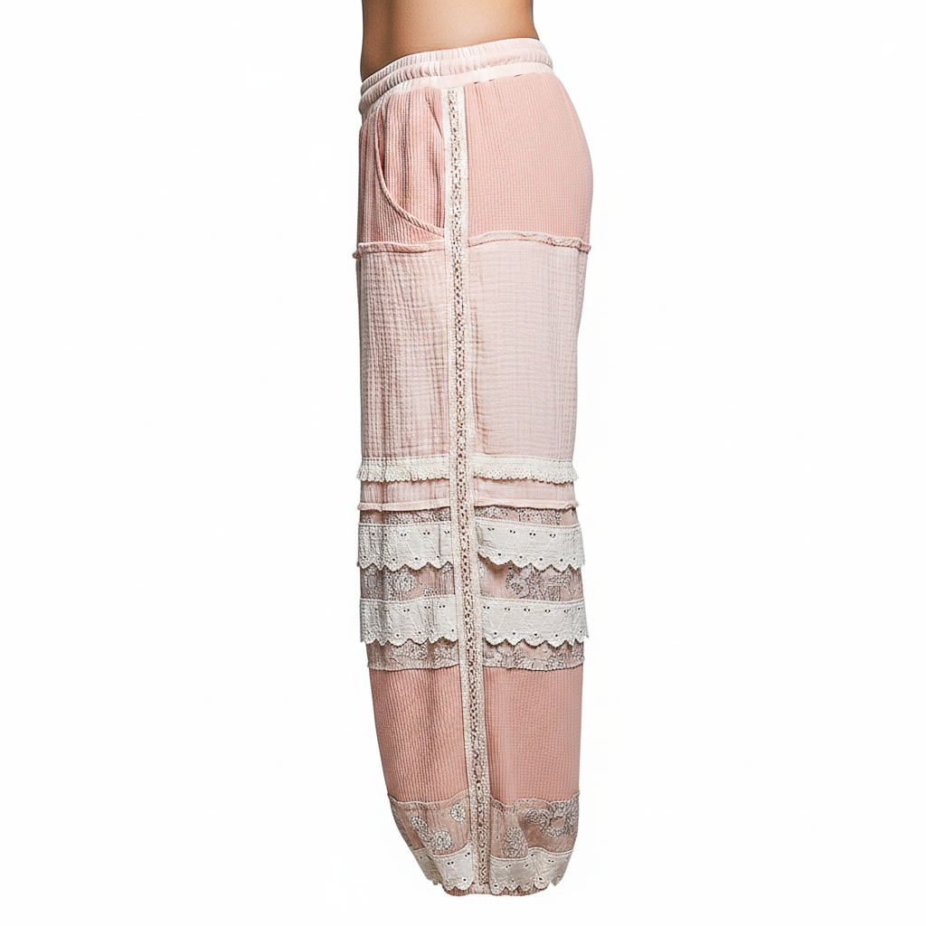 Women's pink gauze jogger pants side profile, outseam lace trim detail, high rise elastic waist
