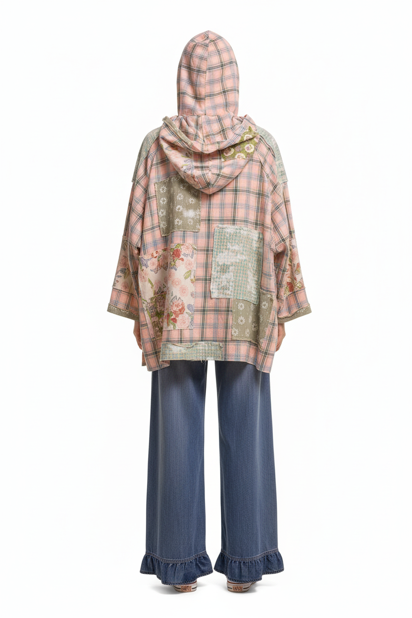 Umgee oversized patchwork hoodie in pink plaid with floral patches - back view
