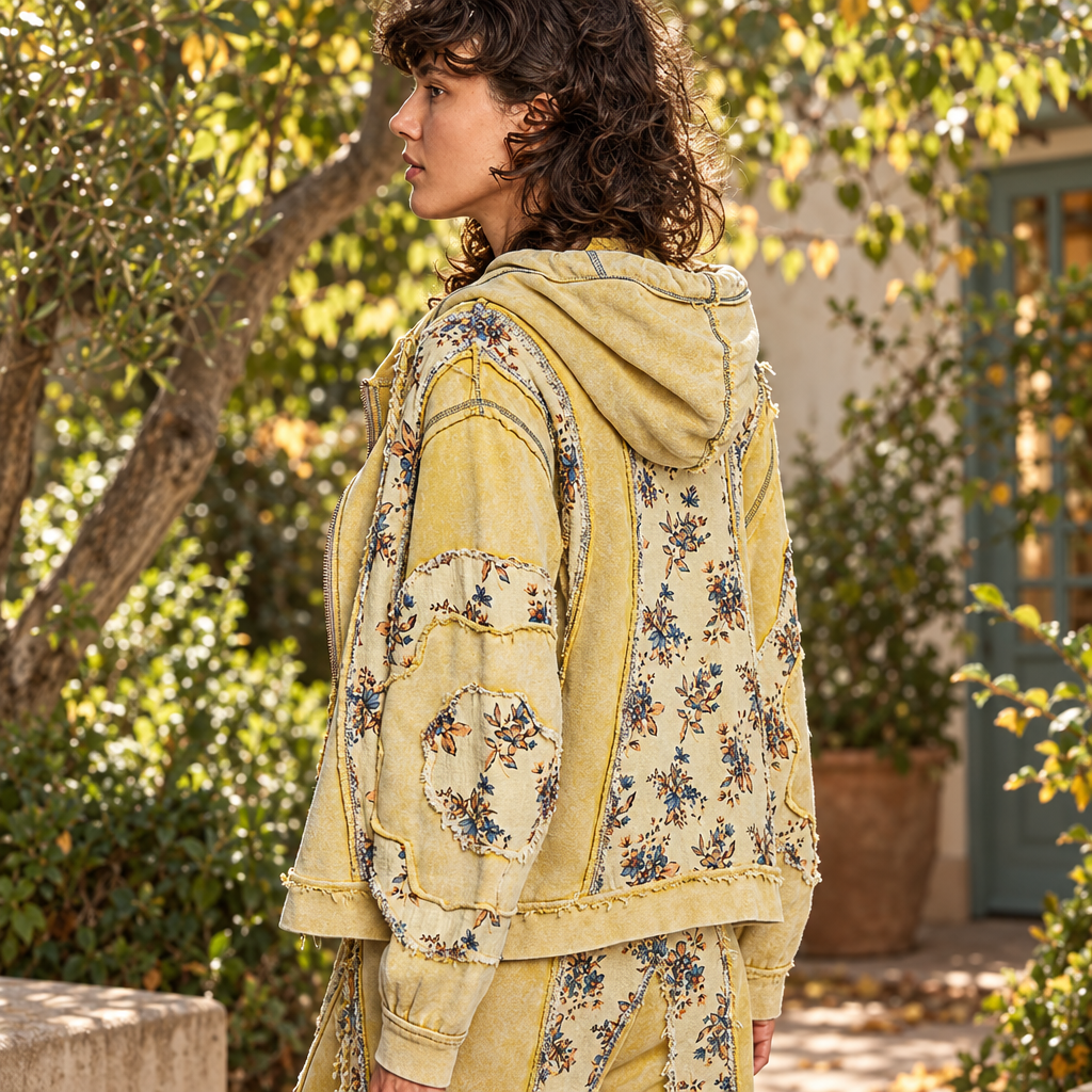 POL Clothing women's lemon floral patchwork zip-up hoodie back view showing hood and floral panels in a courtyard