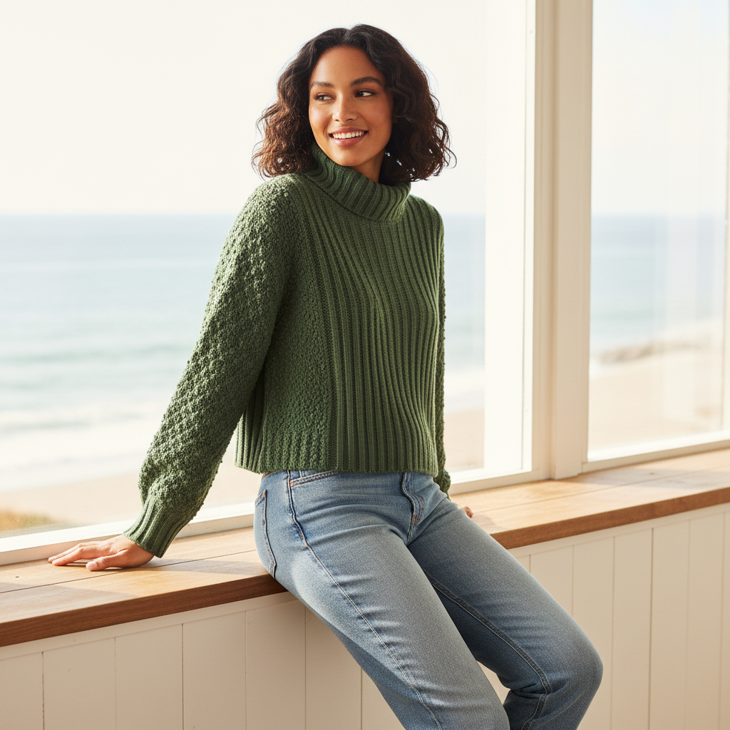 Cropped Turtleneck Sweater in Olive | Mixed Boucle Knit | BellanBlue