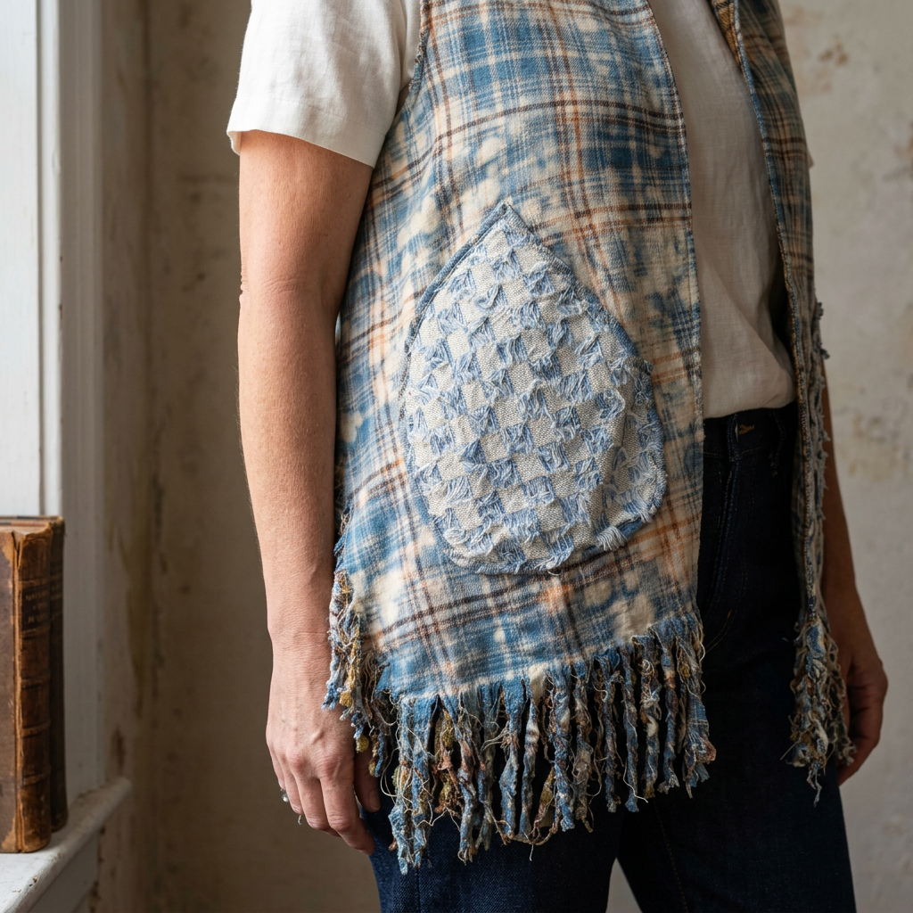 Close-up of a blue textured crochet pocket, faded plaid, and fringe on a vest worn beside a window.