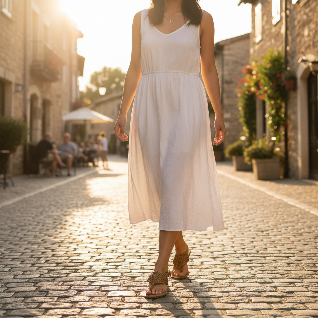 Women wearing tan braided woven thong sandals strolling cobblestone street in white midi dress summer outfit