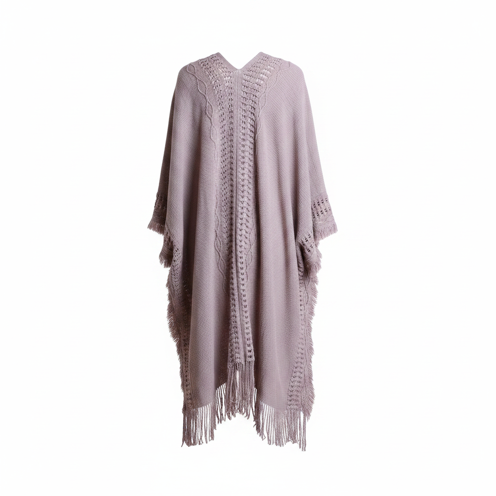 Women's heather gray fringe ruana wrap, back view, vertical open-knit panel, full-length drape