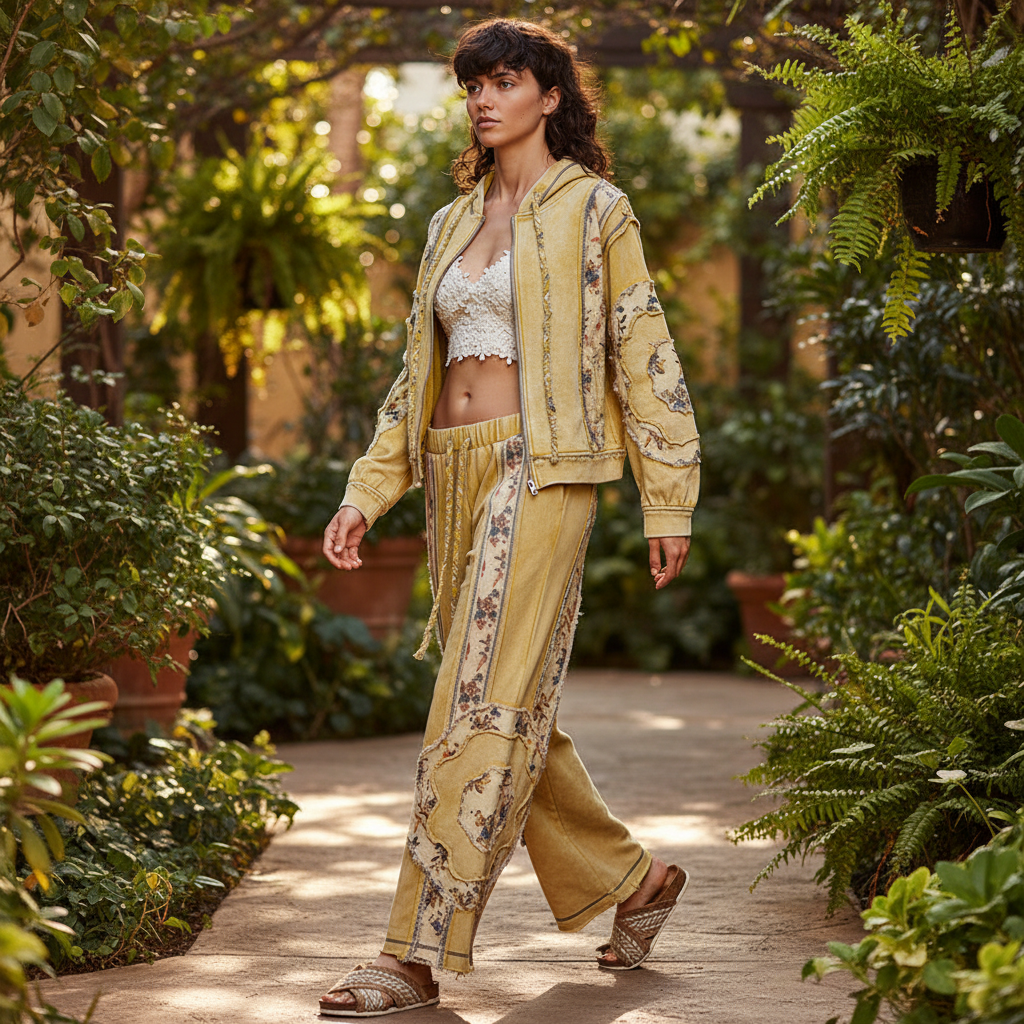 POL Clothing lemon patchwork wide-leg pants styled with matching set jacket, resort garden walkway