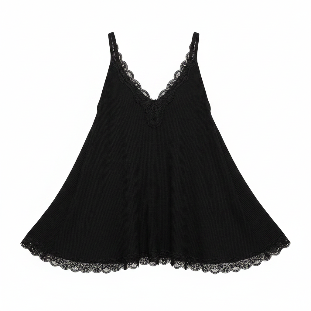 Women's POL black ribbed A-line tank top lace trim straps swing silhouette ghost mannequin front

