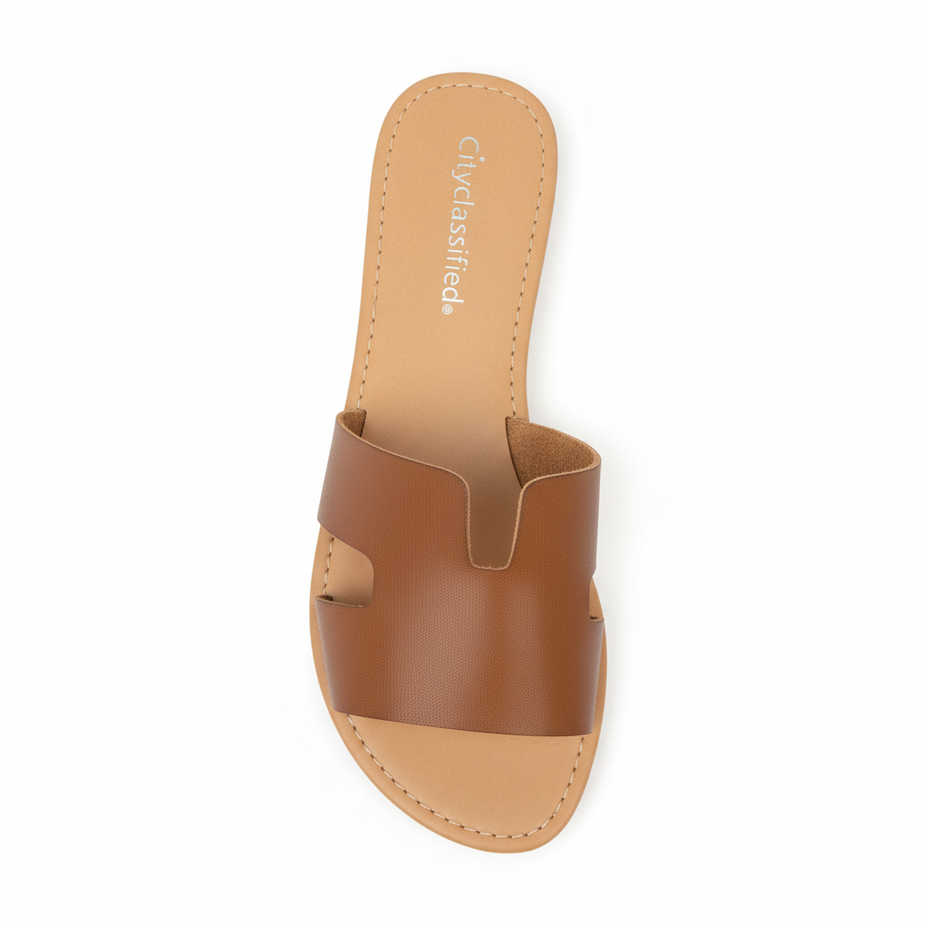 Tan H-strap flat slide sandal, top-down view showing cutout upper and beige cushioned footbed, white background