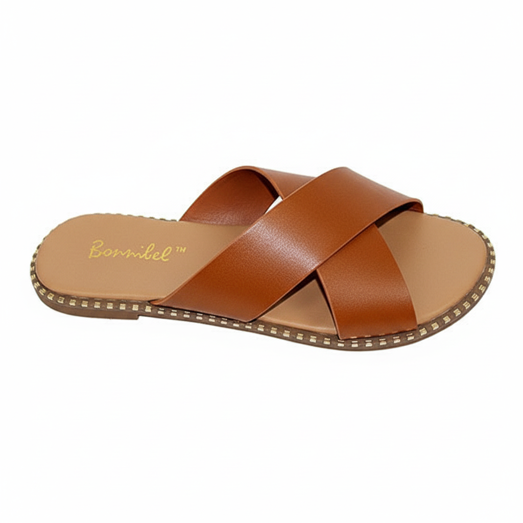 Tan slide sandals with crisscross straps - top view