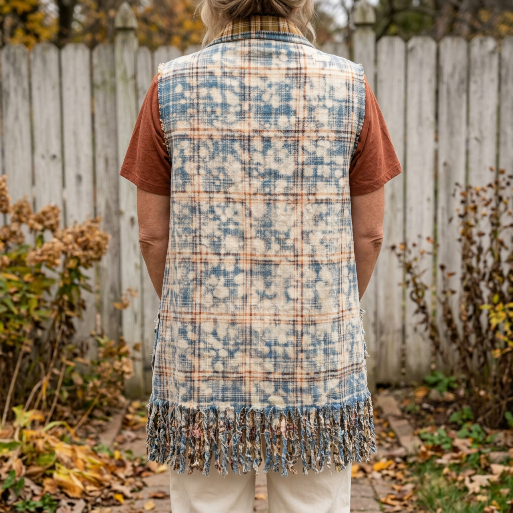 Back view of a blue and cream plaid sleeveless vest with a fringed hem beside a weathered wooden fence.