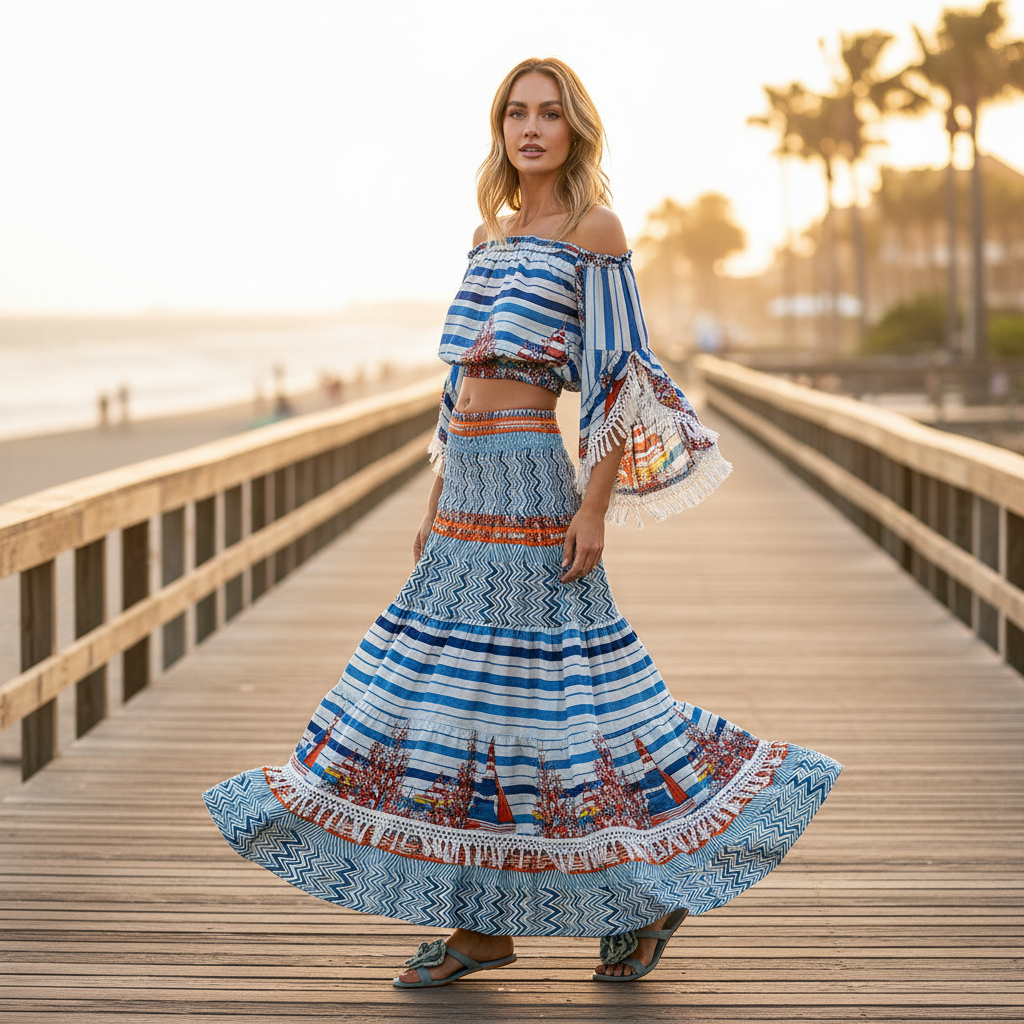 POL women's blue multi printed woven off-shoulder set walking coastal boardwalk, fringe hem maxi skirt in motion