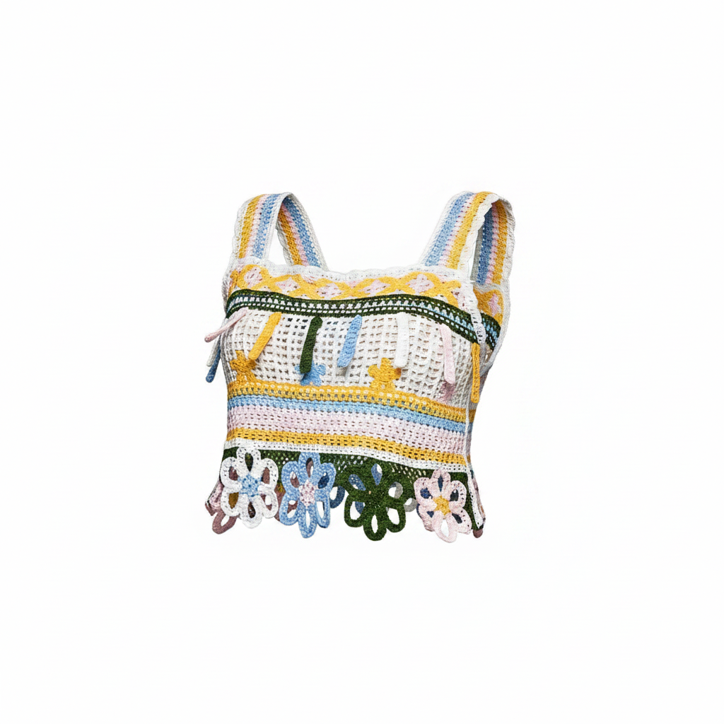 POL women's yellow multi crochet sleeveless crop top front view, flower appliqué hem