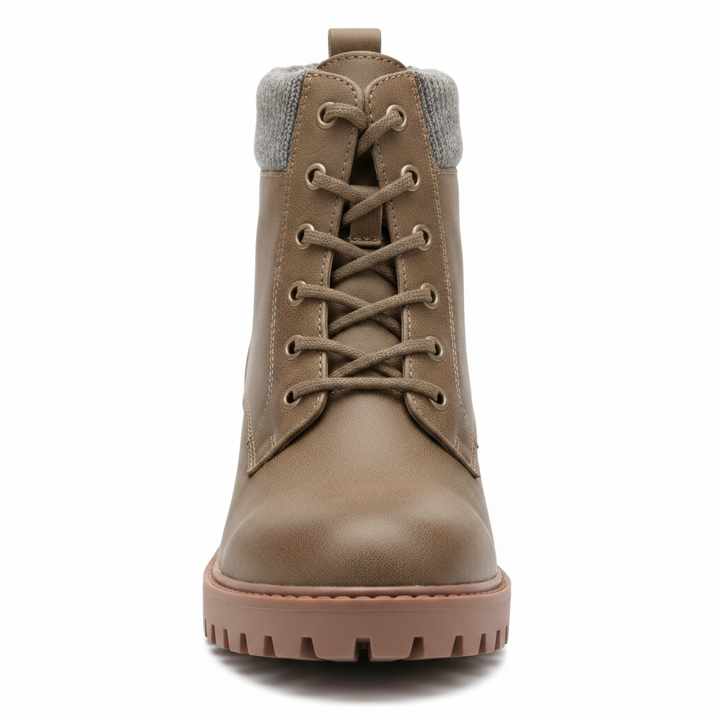 SODA women's taupe distressed lace-up ankle boot, block heel, lug sole, sweater trim, front view - BellanBlue