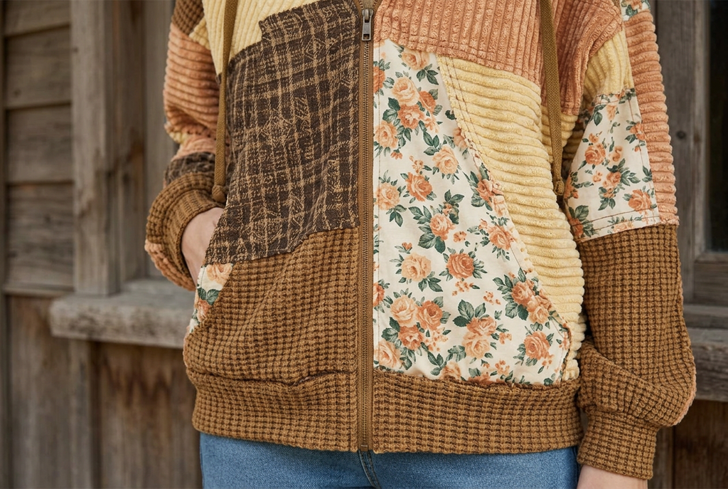 Close-up of floral and brown textured patch pockets, plaid panels and the jacket's front zipper.