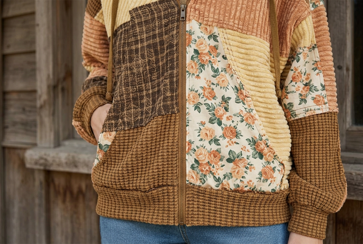 Close-up of floral and brown textured patch pockets, plaid panels and the jacket's front zipper.