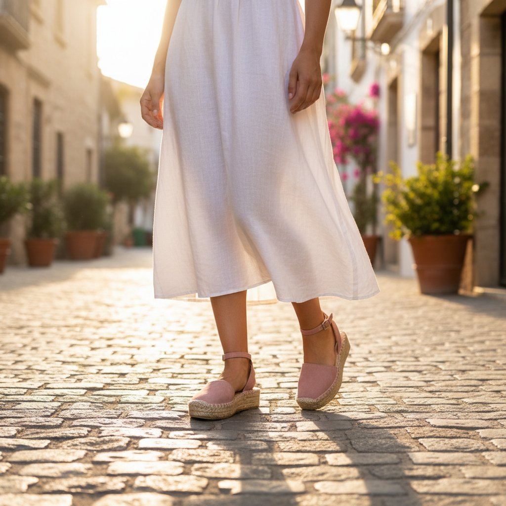 Women's mauve suede closed toe espadrille flatform sandals with ankle strap styled with linen sundress for a summer Mediterranean street look