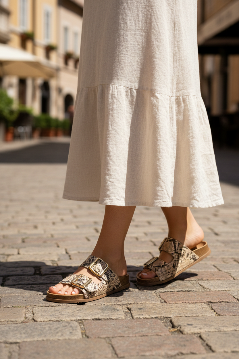 Close-up of snake print slide sandals with midi skirt on cobblestone street - European summer style