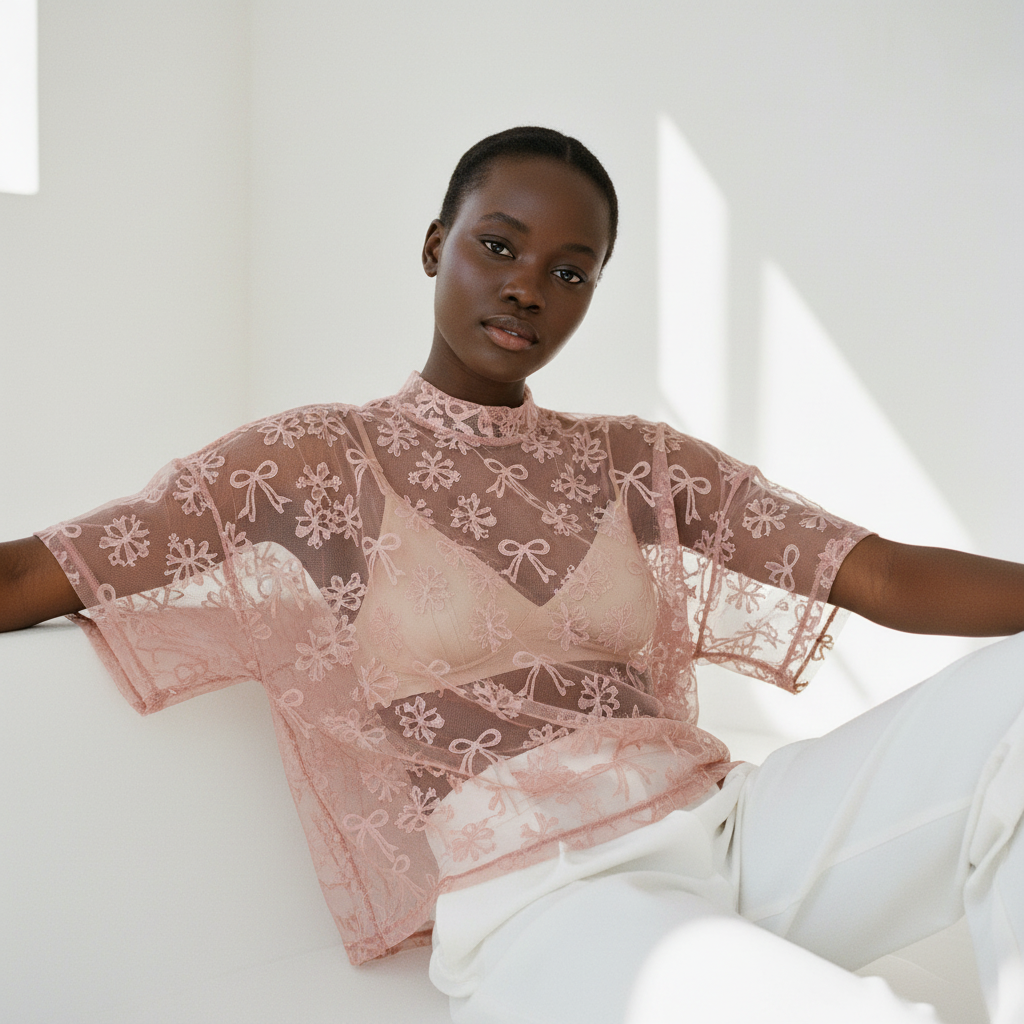 Women's dusty rose sheer mesh top, bow lace pattern, high neck, draped in seated casual pose