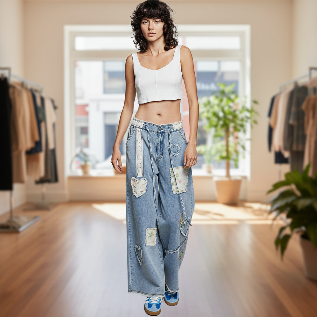 POL Clothing women's light blue wide-leg patchwork denim pants with heart appliqués and floral embroidery - BellanBlue