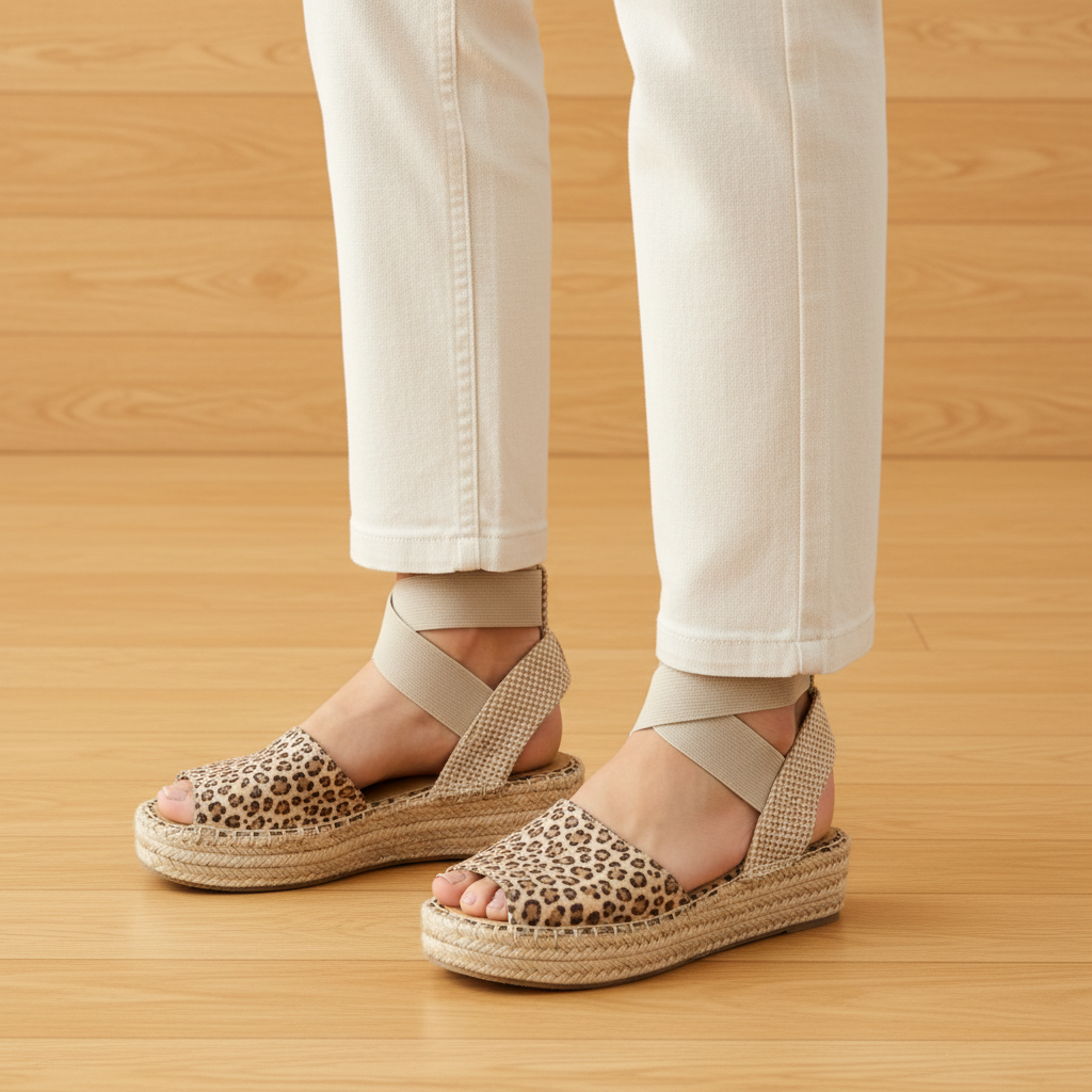 Women's oat leopard espadrille platform sandal on warm wood floor showing jute sole and elastic ankle strap side profile
