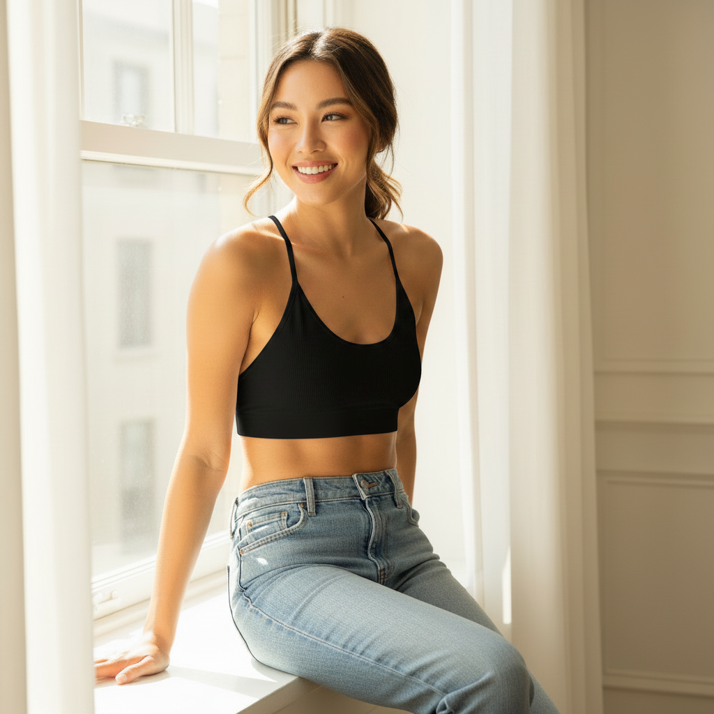 Women's black ribbed bralette with mesh back and floral embroidery, styled with jeans, relaxed fitted look - BellanBlue