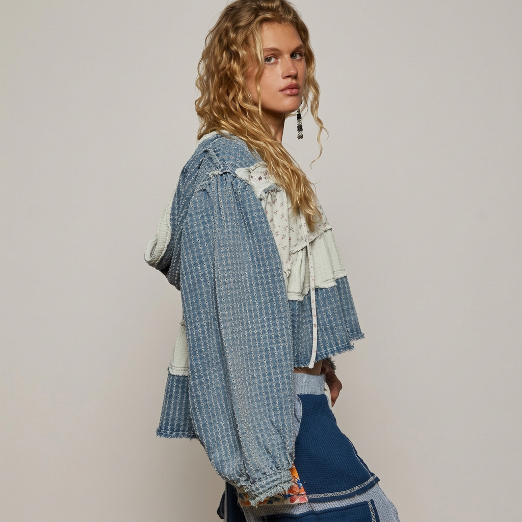 Side view of a denim-blue and cream patchwork hoodie with full sleeves and raw edges against a gray studio background.