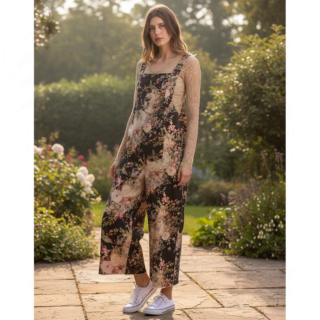 Bluevelvet women's black floral wide-leg overalls styled on a garden patio - BellanBlue