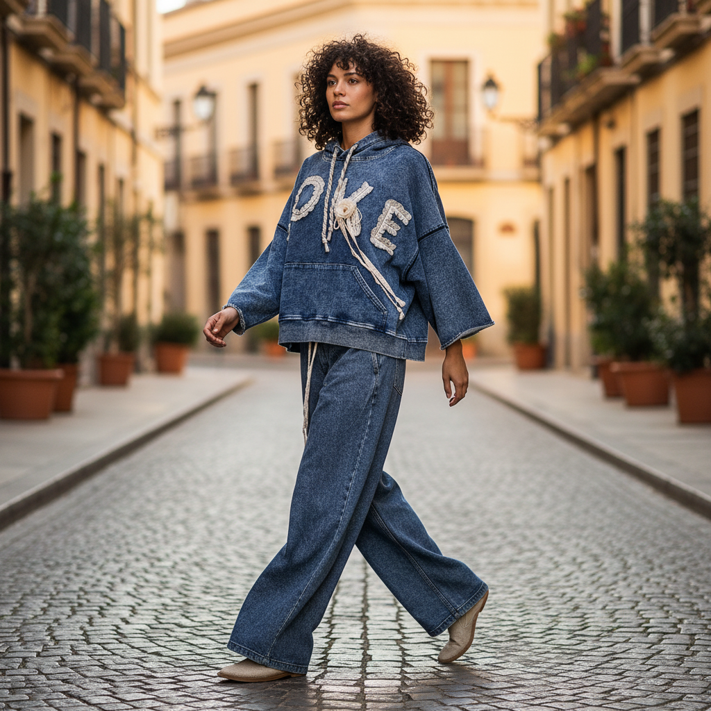 POL Clothing women's indigo acid wash hoodie with LOVE lace lettering, wide-leg denim, casual weekend street style