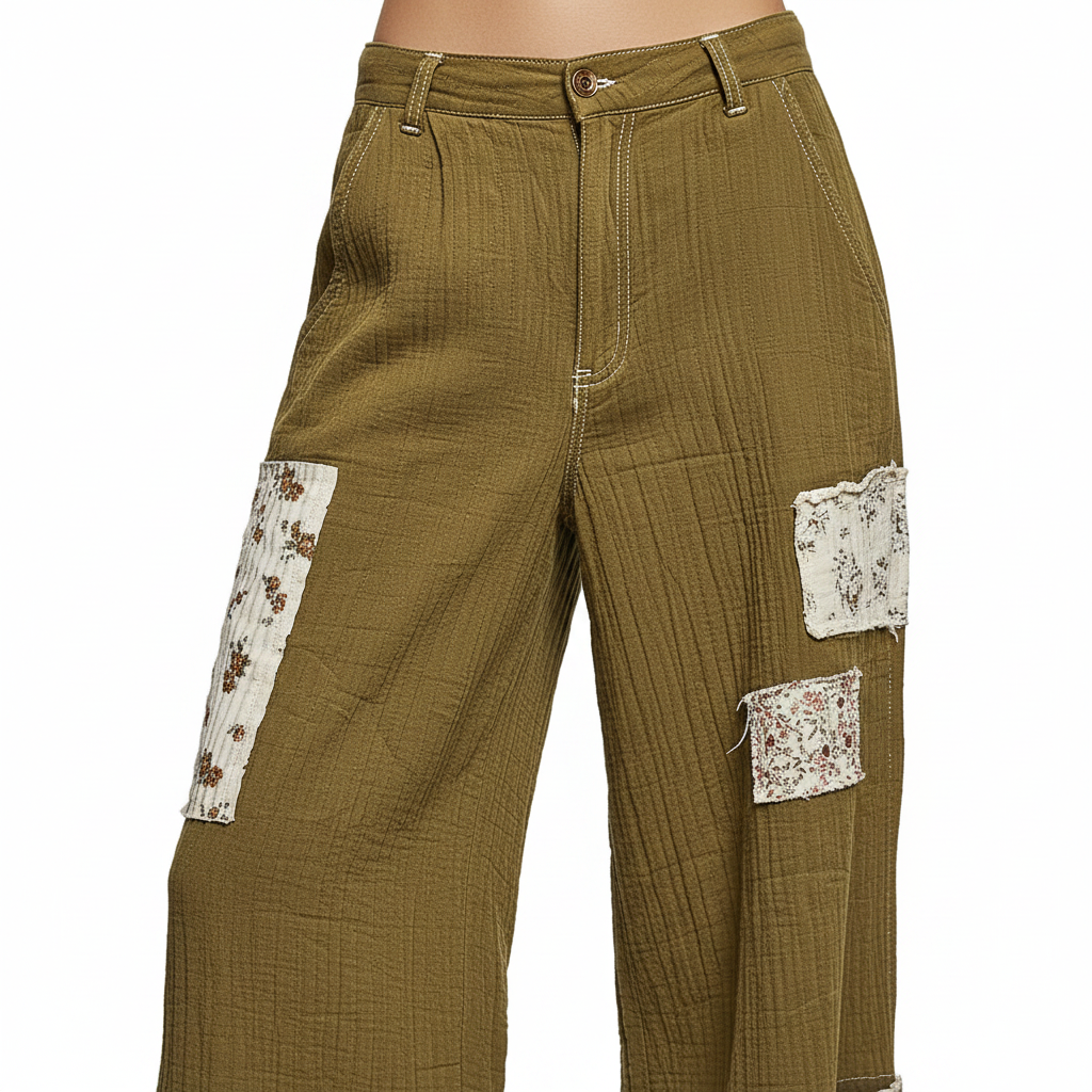 Women's olive crinkle cotton pants close-up, cream floral patchwork patch detail, frayed edges, contrast stitch