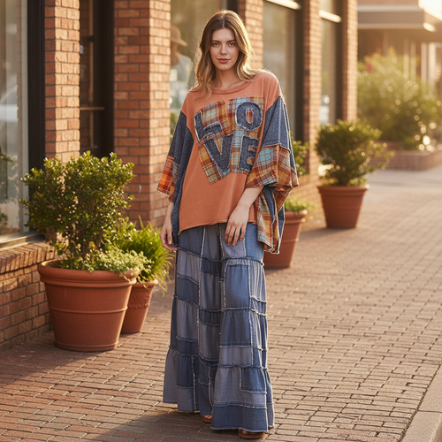 Bluevelvet women's coral denim patchwork poncho sleeve top with LOVE appliqué, boutique street style - BellanBlue