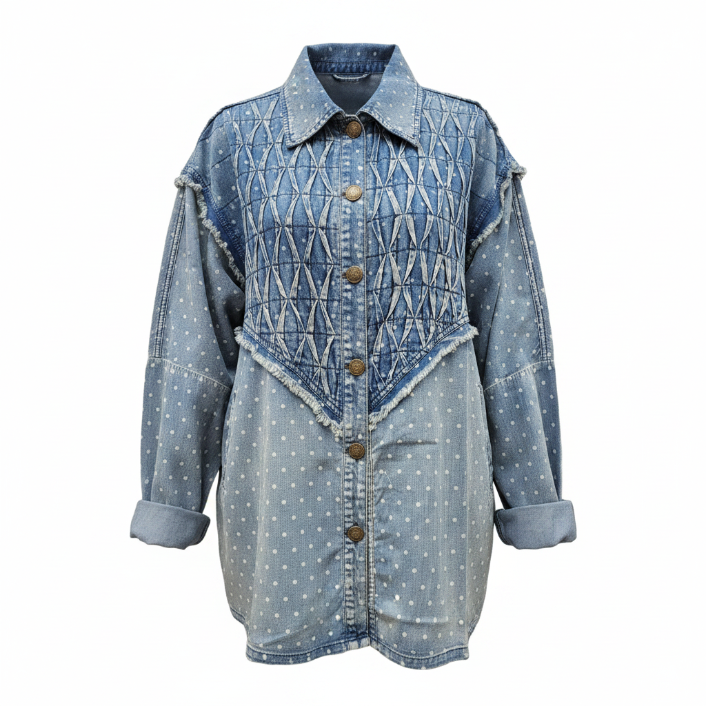 Women's light blue polka dot denim jacket quilted smocked front frayed trim oversized fit