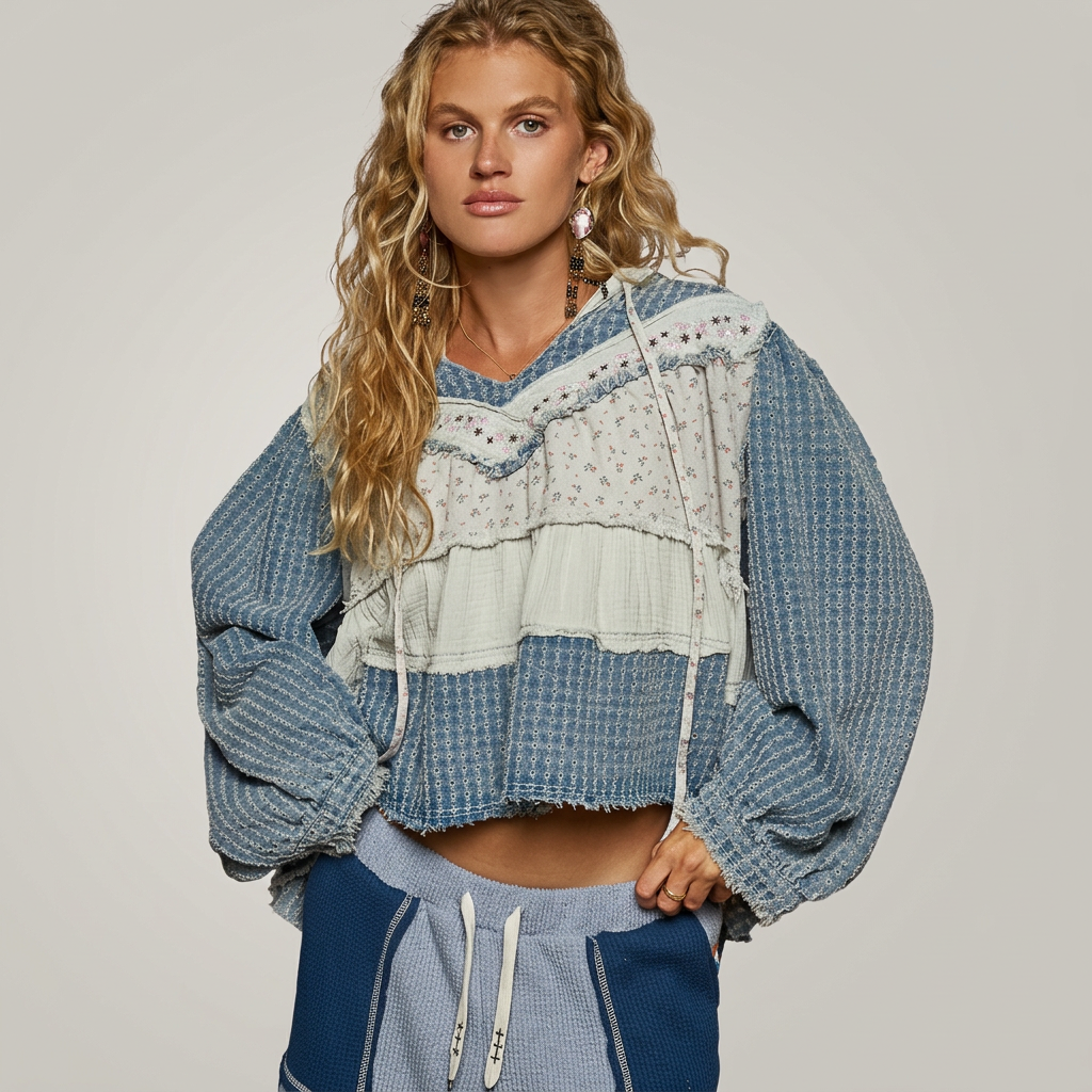 Front detail of a denim-blue hoodie with cream floral panels, raw-edge trim, long ties and full sleeves.