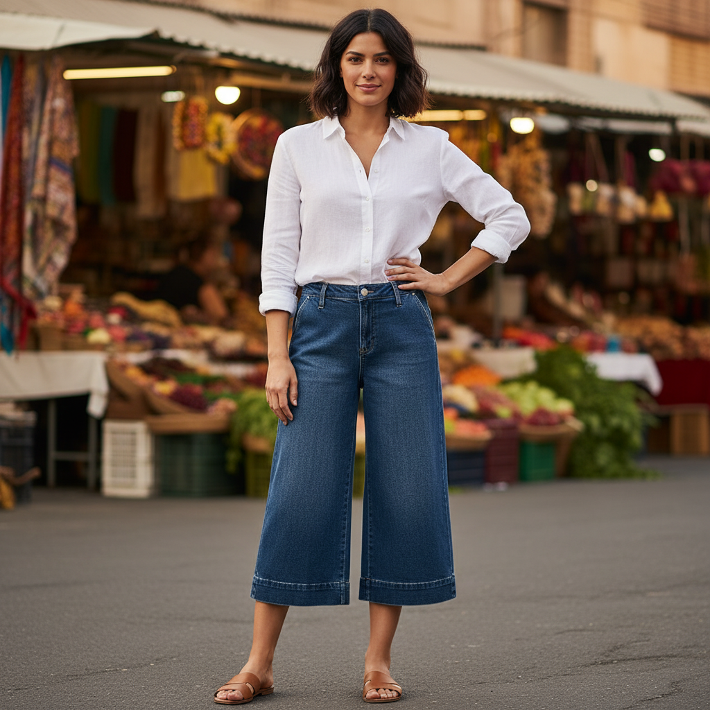 Women's medium blue wide-leg denim culottes styled with linen shirt outdoor market - BellanBlue