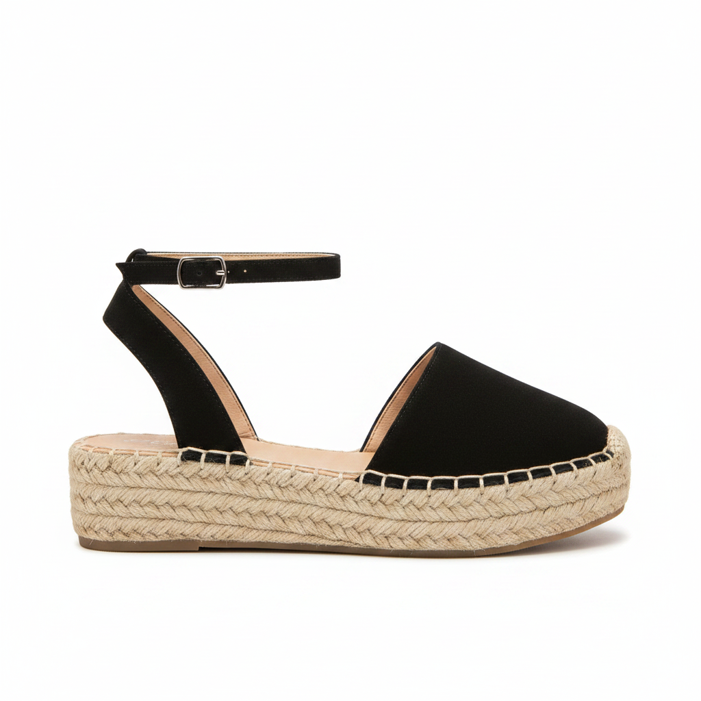 Women's black suede closed toe espadrille flatform sandal side profile showing woven jute rope platform and ankle strap with silver buckle