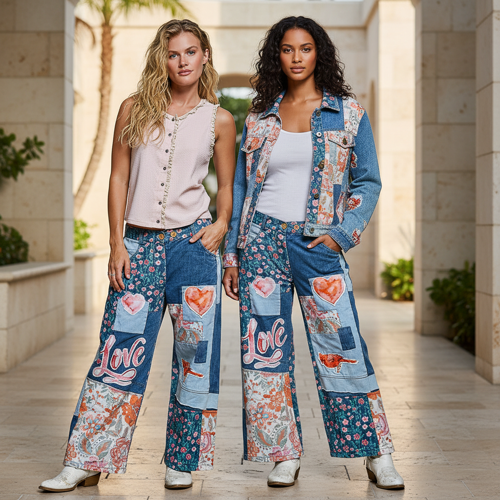 POL patchwork denim pants and matching jacket set, resort courtyard, women's wide-leg boho denim
