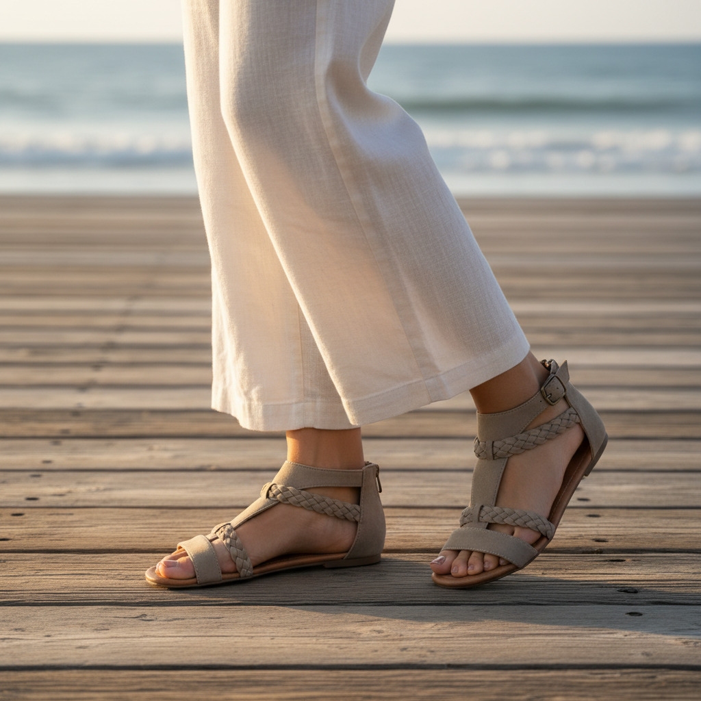 Women's sand beige flat T-strap sandals beach boardwalk cream wide-leg trousers gold buckle