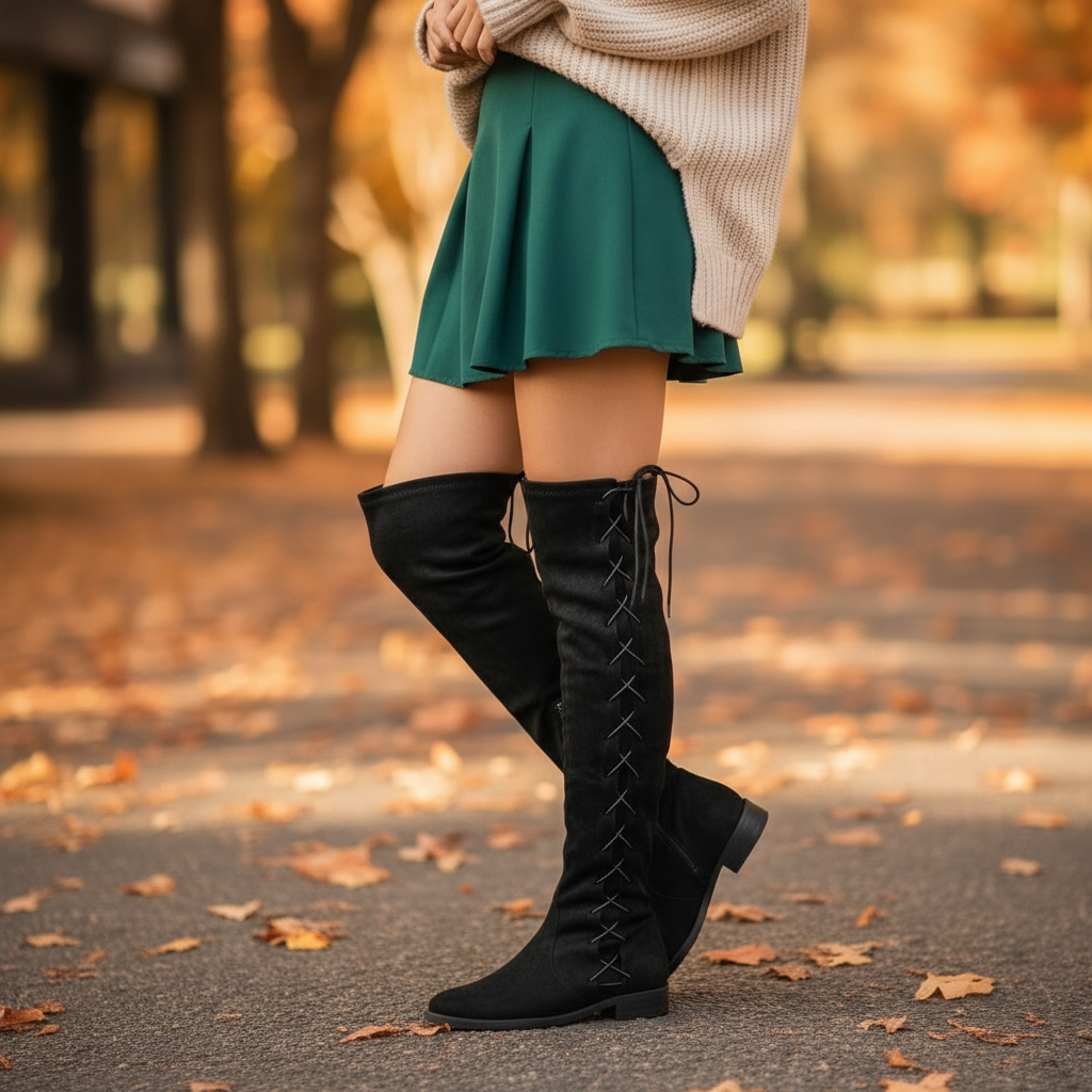 Woman wearing Verona black over-the-knee lace-up boots on cobblestone street in fall, knit sweater and mini skirt