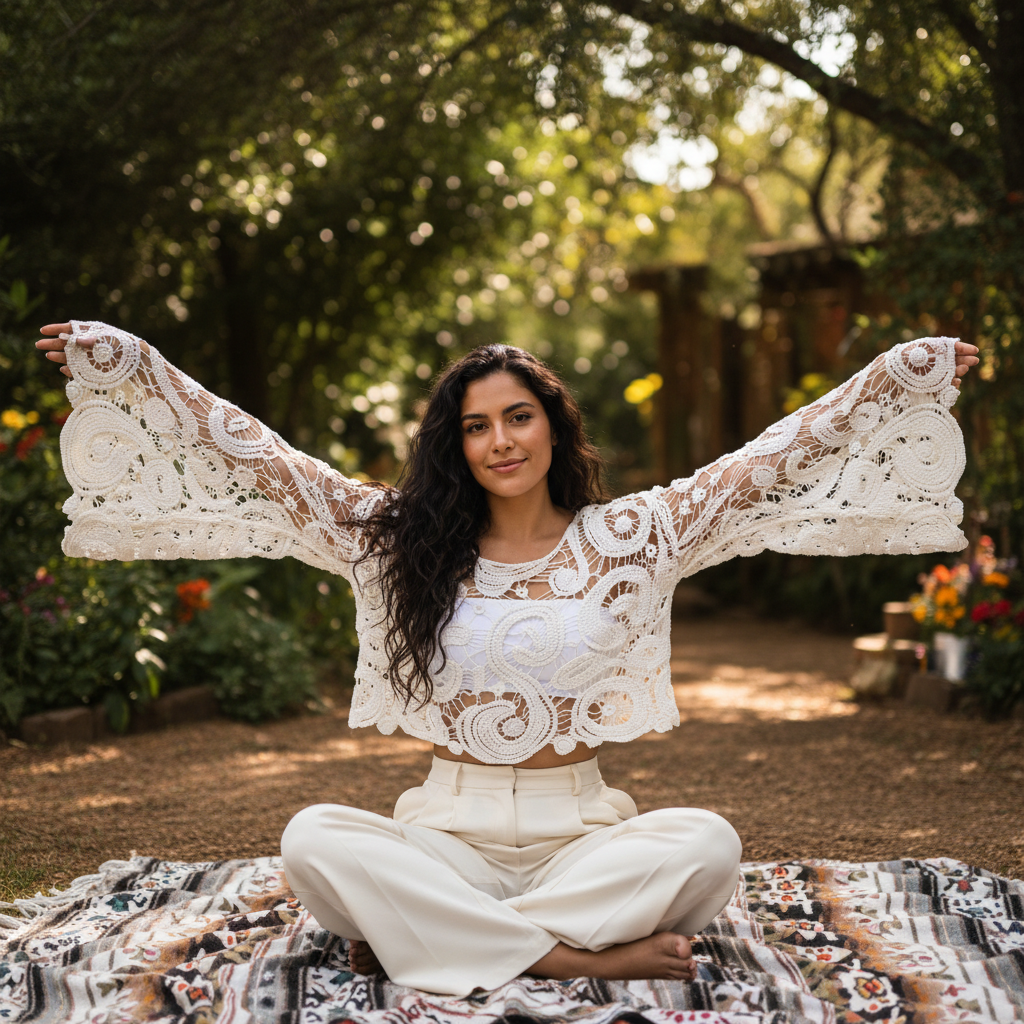 Women's white crochet bell sleeve crop top boho garden setting white trousers scalloped fringe hem