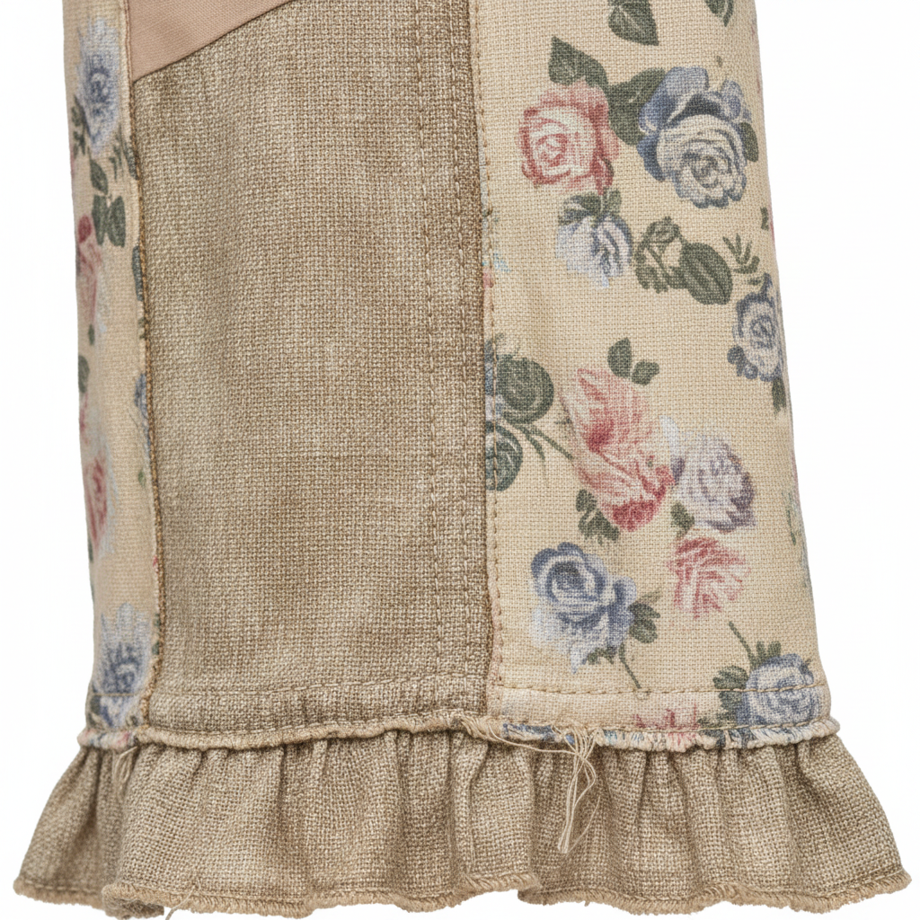 Close-up of women's brown patchwork floral pants showing mixed print panels mineral wash fabric texture detail