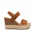 Women's tan PU espadrille platform wedge sandal side profile view showing straight wedge heel and jute rope sole