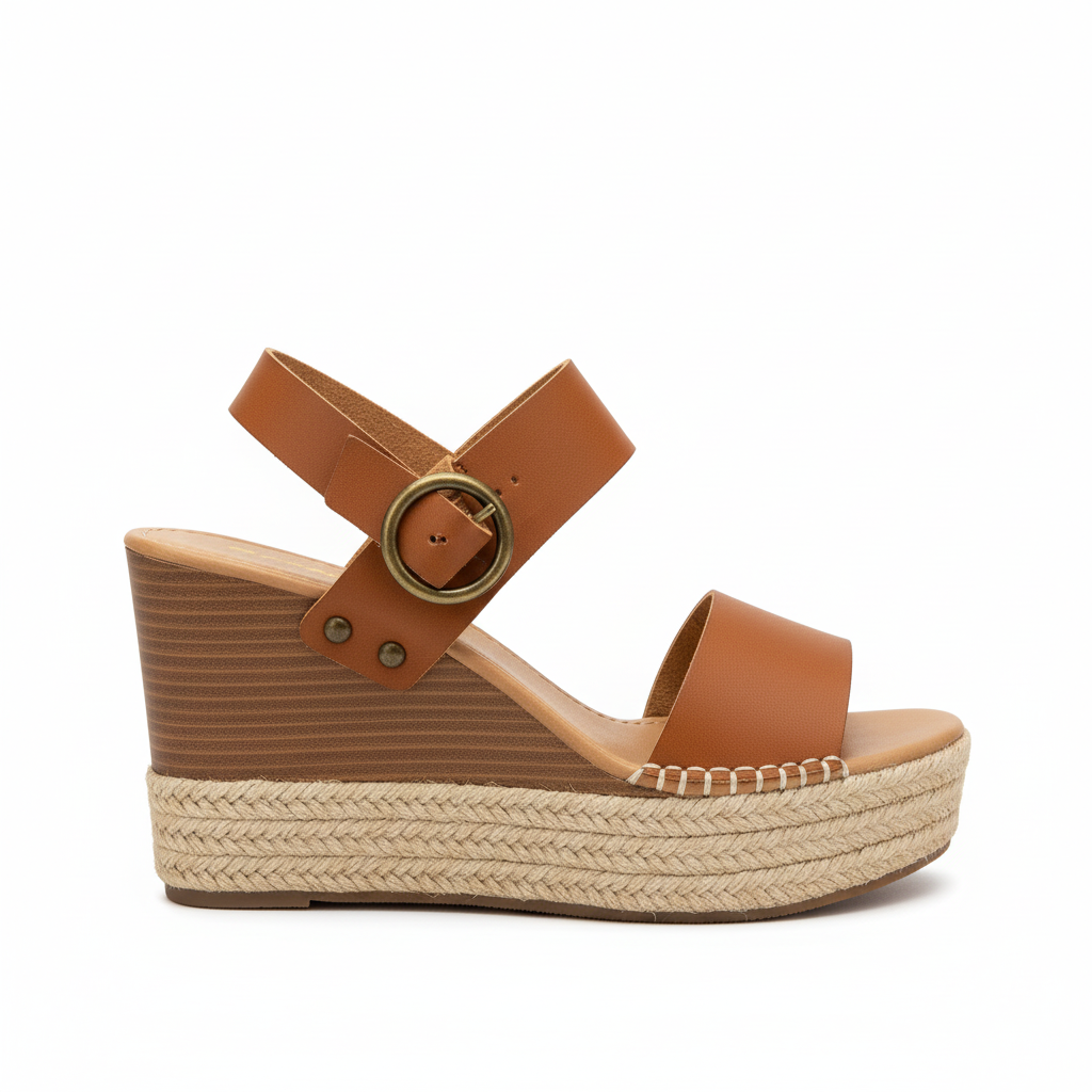 Women's tan PU espadrille platform wedge sandal side profile view showing straight wedge heel and jute rope sole