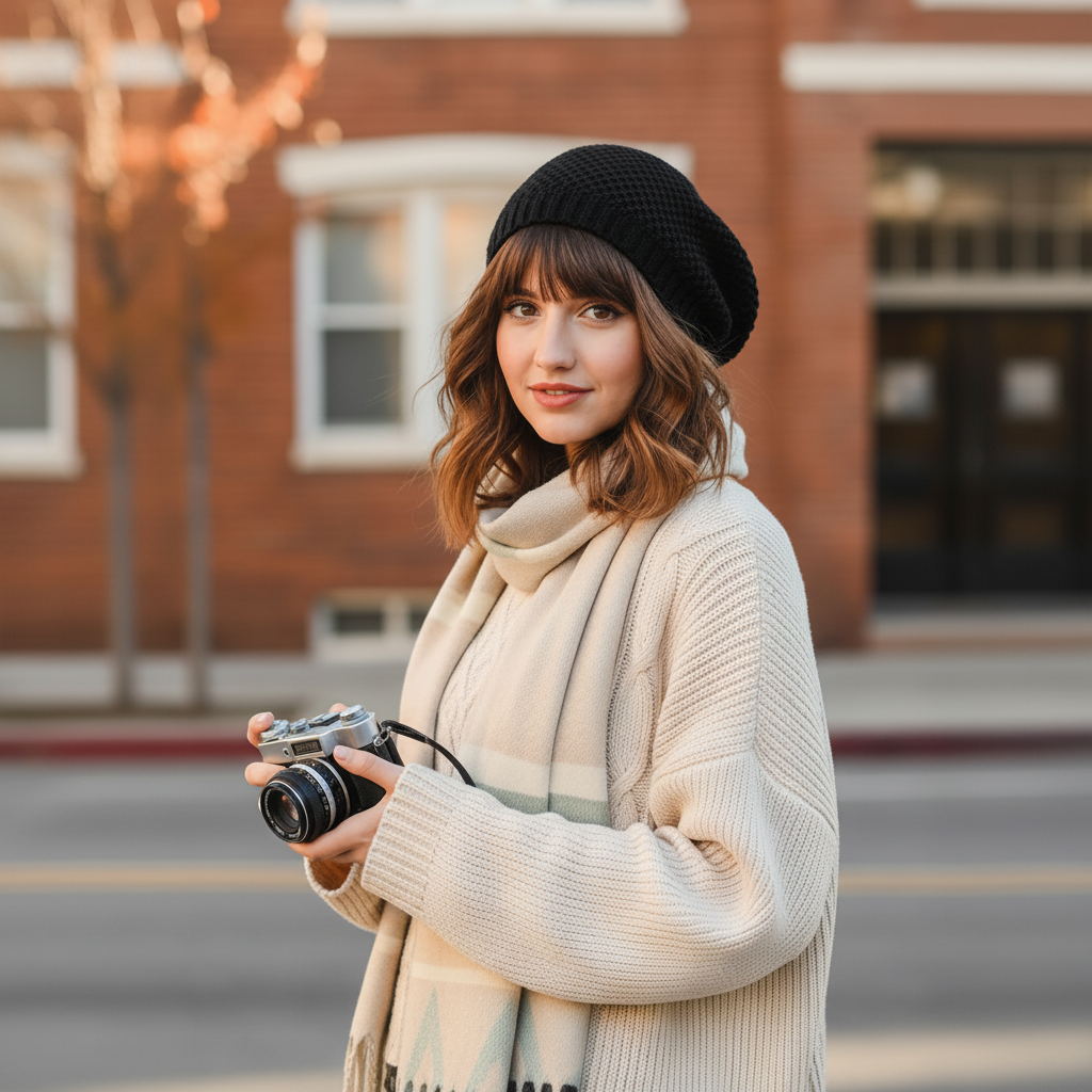 Leto Collection Black waffle knit slouchy beanie on model outdoors, styled with cream knit cardigan and scarf
