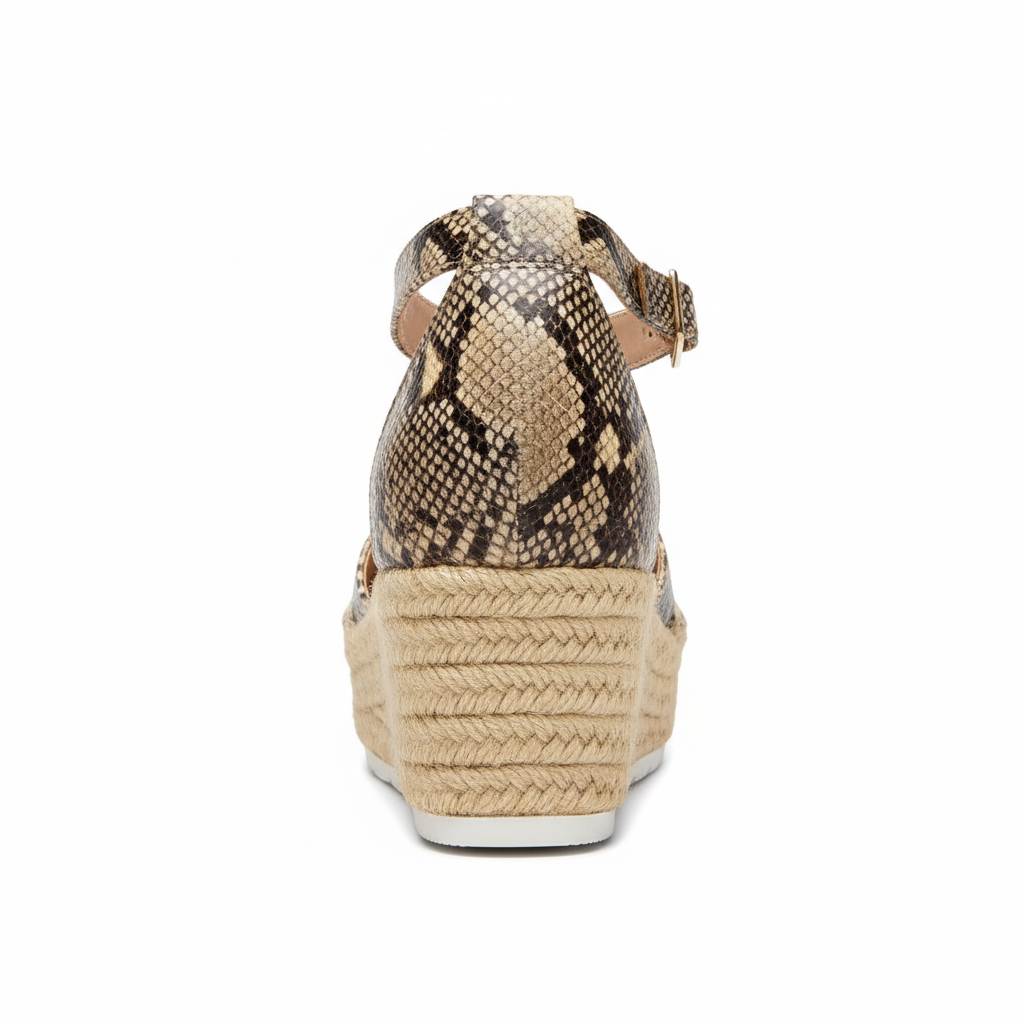 Back view of snake print platform sandal showing espadrille wedge heel detail