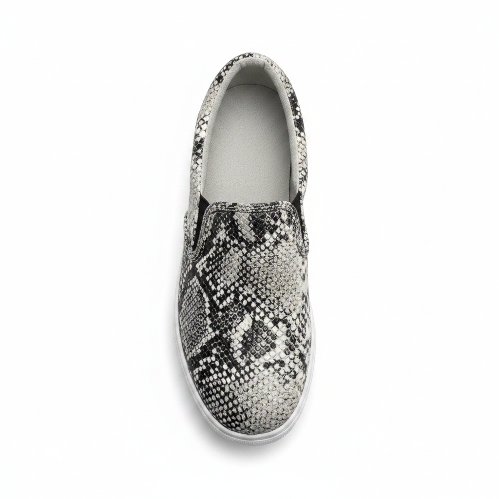 Women's python snakeskin slip-on platform sneaker top overhead view shoe opening elastic gusset