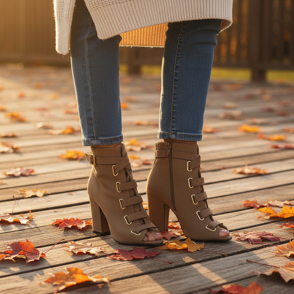 Woman in taupe Qupid peep-toe ankle booties on autumn leaves, fall outdoor lifestyle, knees-down view