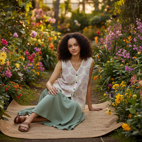 Women's natural pink floral embroidered crochet vest top styled in botanical garden with flowy maxi skirt boho look