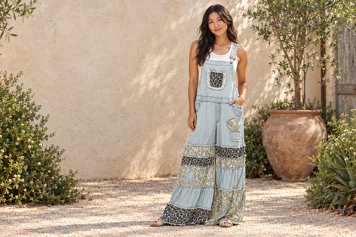 POL Clothing pale denim tiered wide-leg overalls with neutral patchwork and leopard-print details, worn by an Asian woman in a sunlit courtyard.