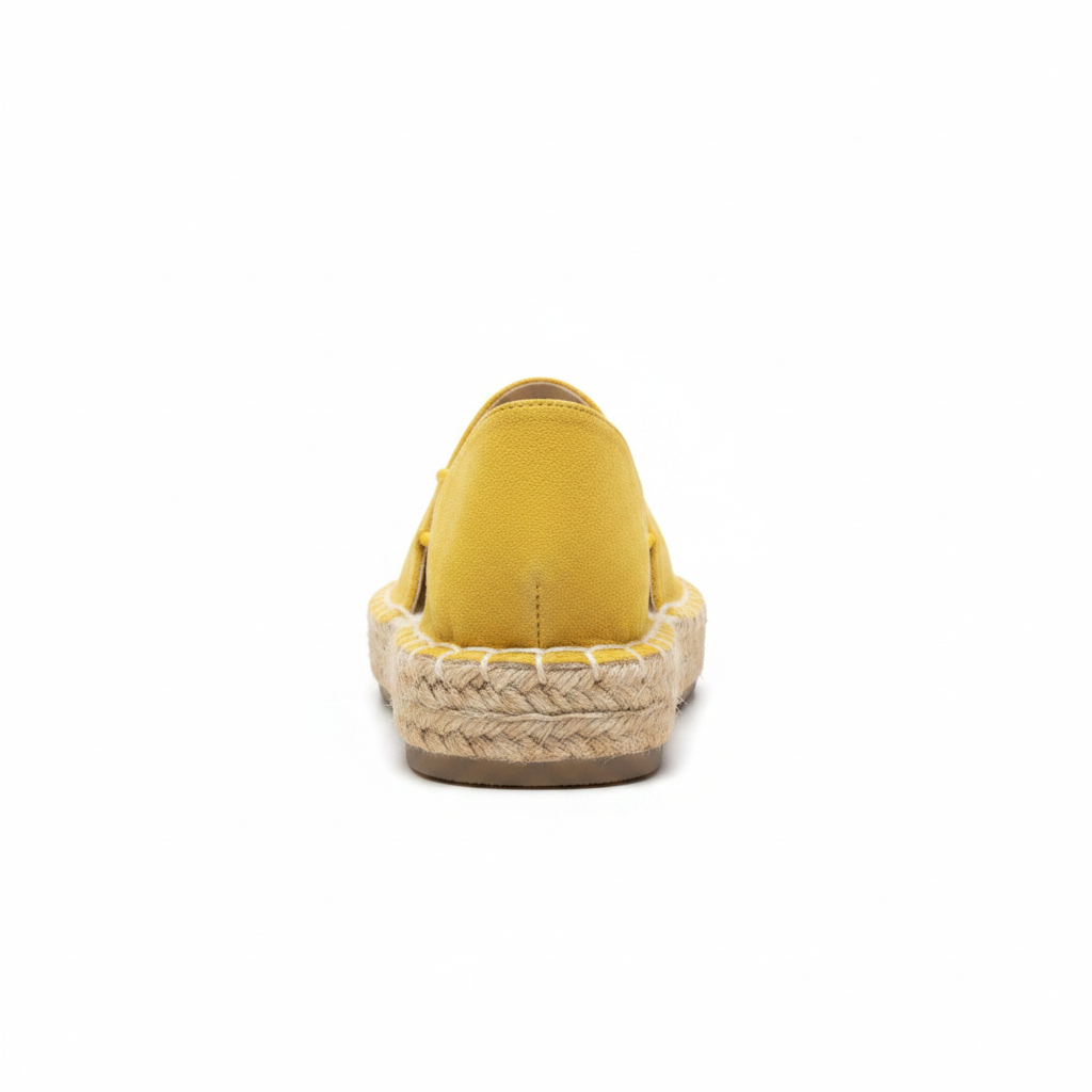 Qupid ELMORE-18A yellow suede PU espadrille lace-up flat sandal, back view showing braided jute rope sole, white background